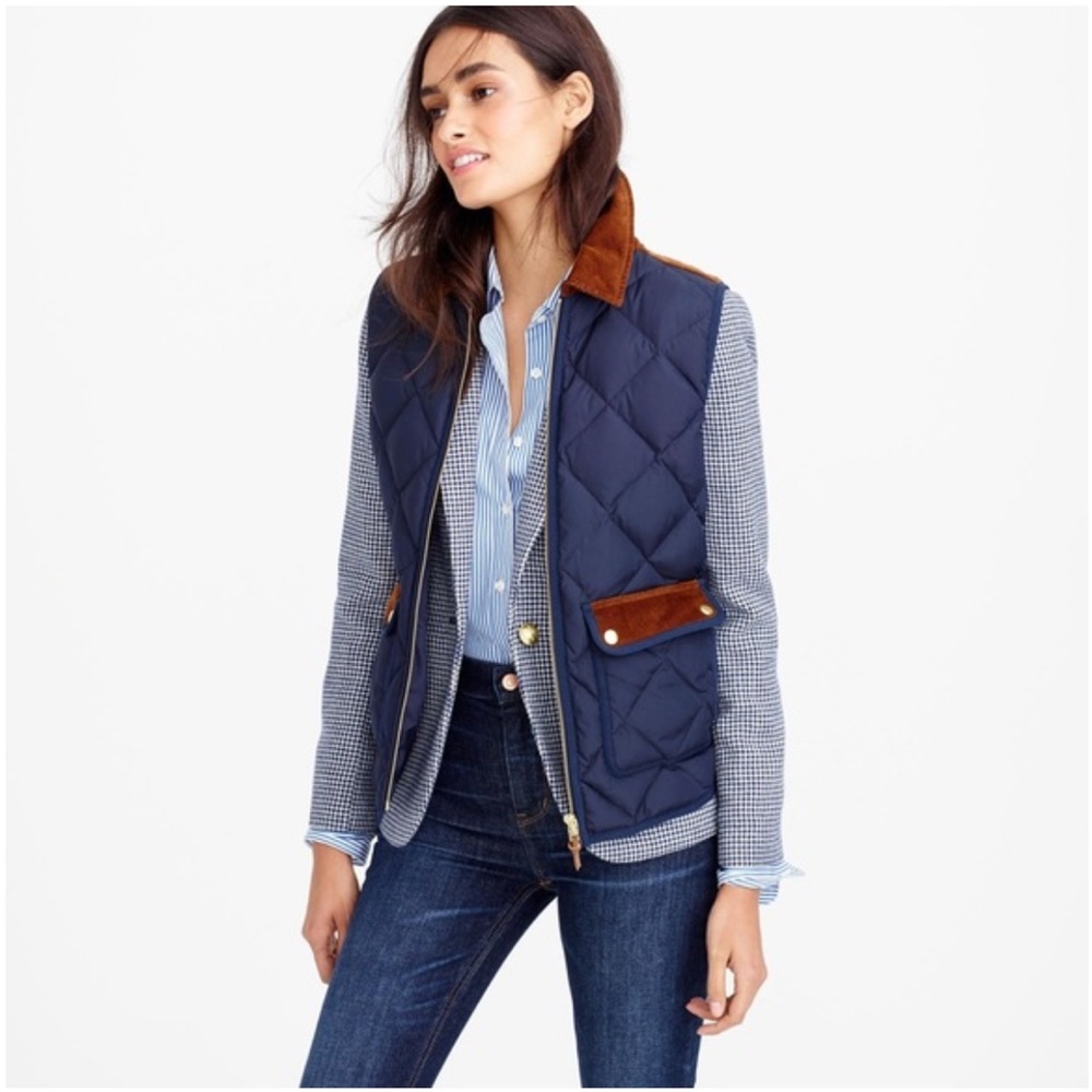 J.Crew Excursion Navy Blue Brown Corduroy Trim Down Puffer Vest Women’s Large